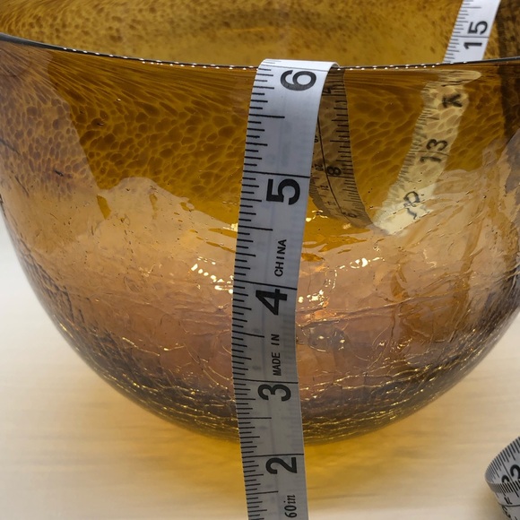 Hand Blown Large Crackle Glass Amber Bowl 9” X 6” - Picture 9 of 11